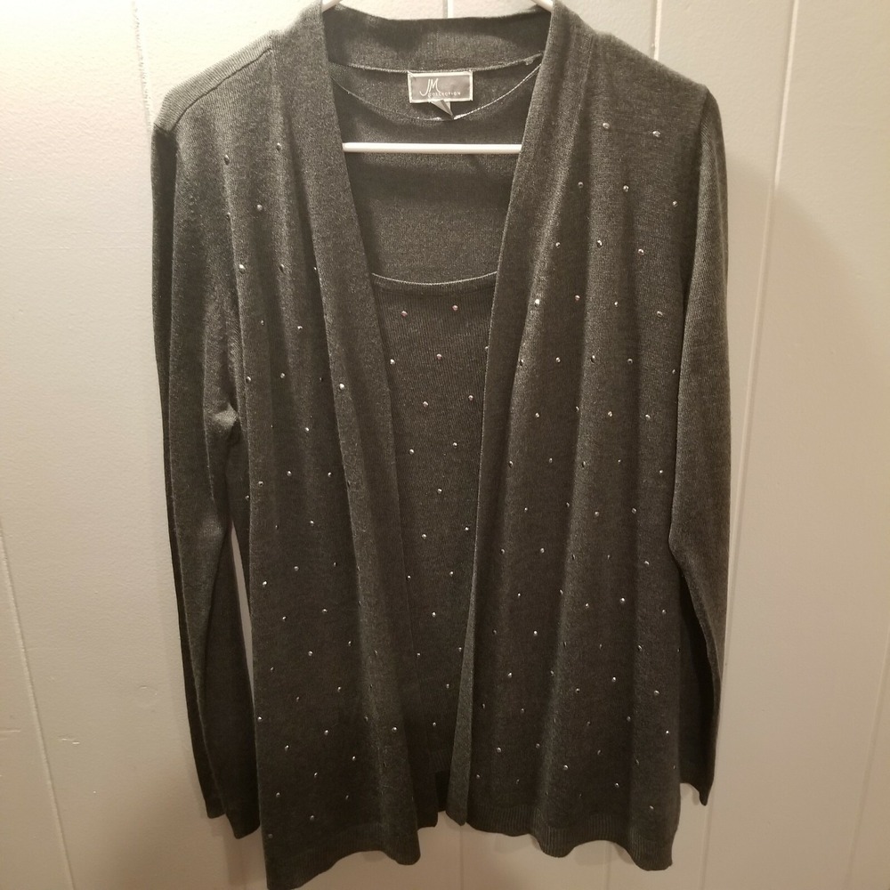 Jm‎ Collection Womens M Sweater  Shirt Open front Cardigan Grey Sliver Accents